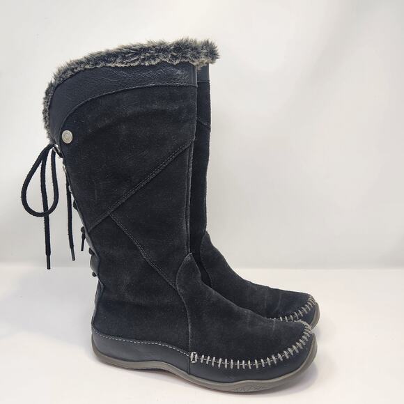 The North Face Janey Black Suede Moccasin Winter Boots Size 6 Faux Fur Lining - Picture 1 of 9